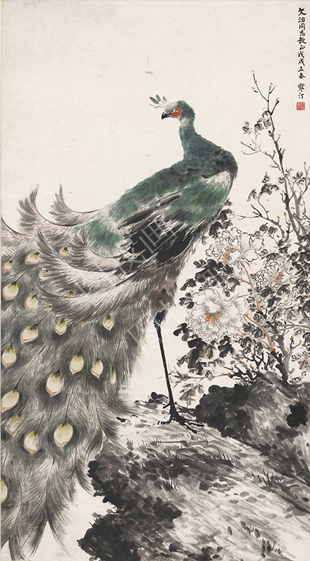 近现代 江寒汀 孔雀图轴 146X81cm